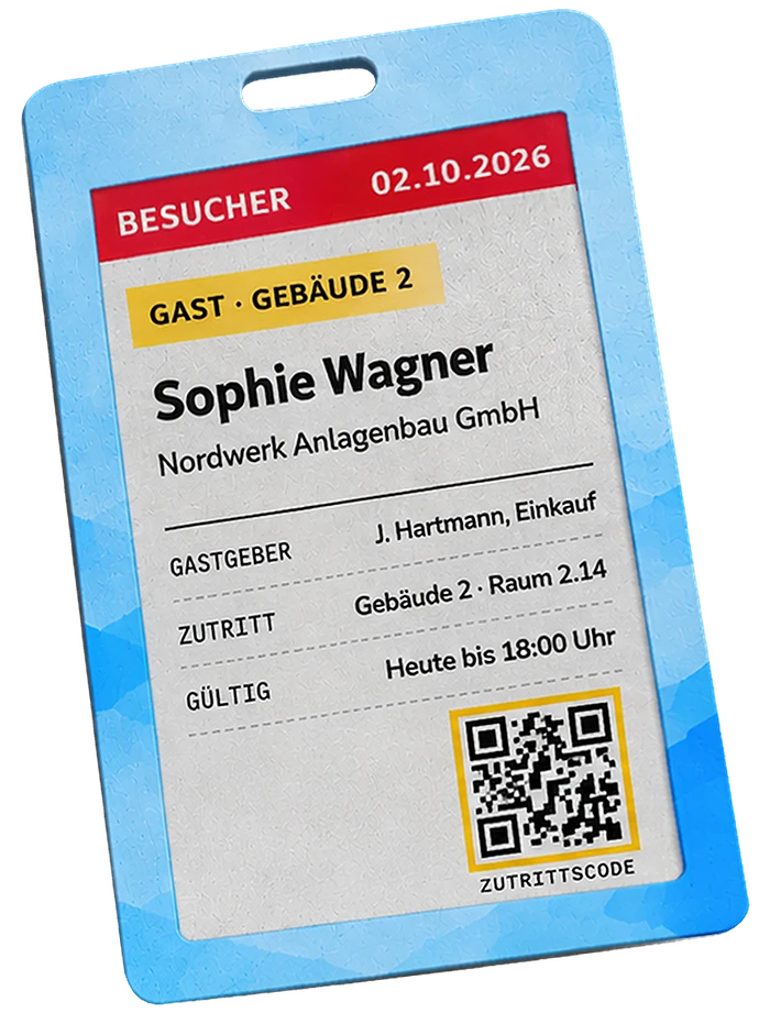 Besucherausweis auf einem eBadge: Name, Firma, Gastgeber und Zutrittscode auf dem E-Paper-Display